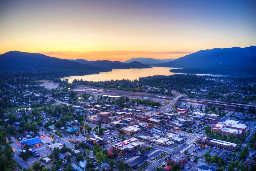 An aerial view of Whitefish, MT at sunset